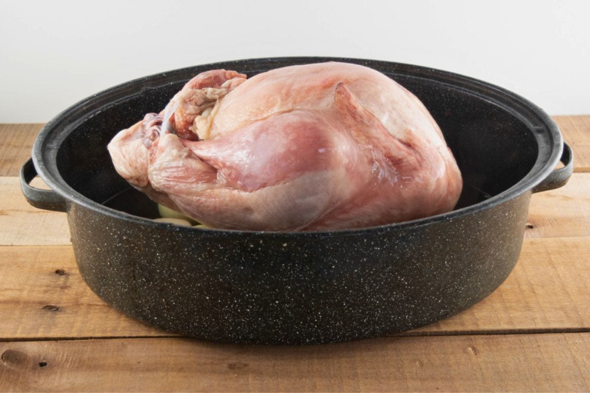 A frozen turkey on top of sliced onions in a roasting pan with some water.