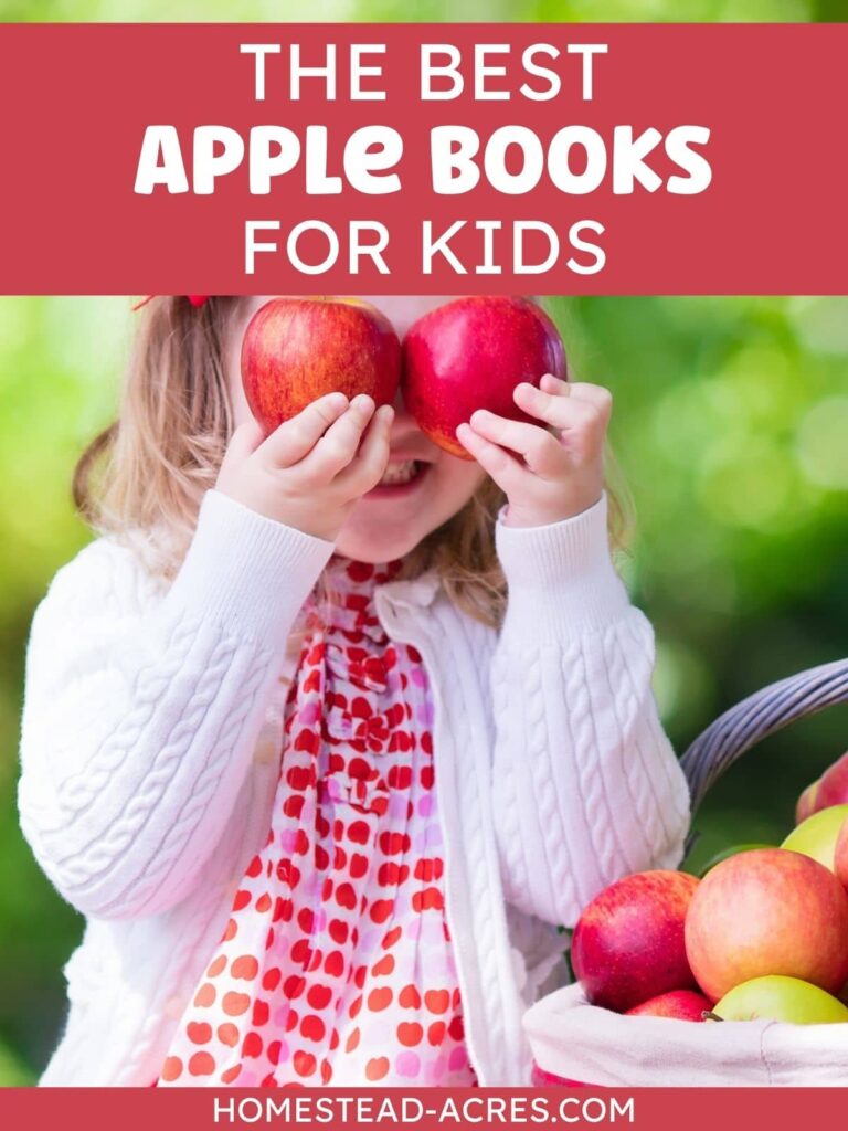 A girl holding apples in front of her eyes. The text overlay says The Best Apple Books For Kids.
