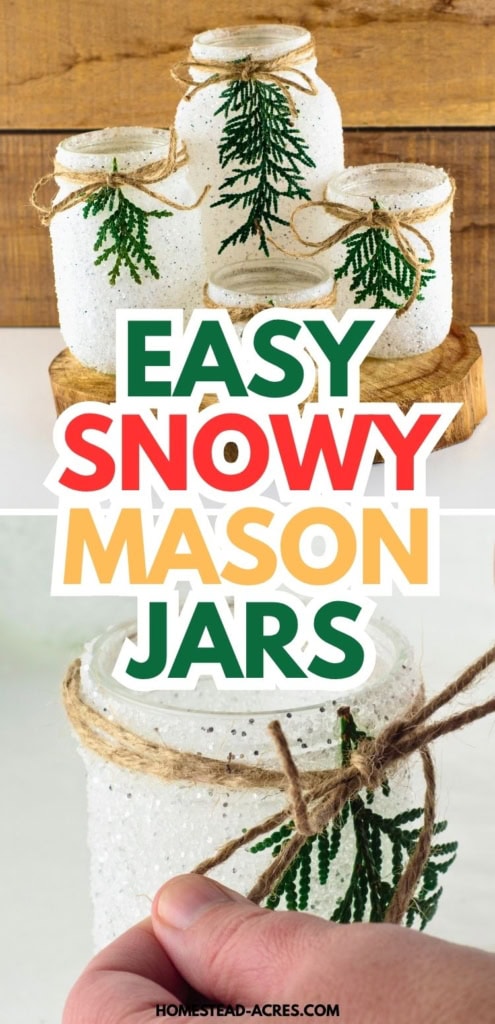 Snowy mason jars decorated with evergreen sprigs and rustic twine bows are arranged on a wood slice with a close up of a bow being tied around one jar. Title text reads "EASY SNOWY MASON JARS".