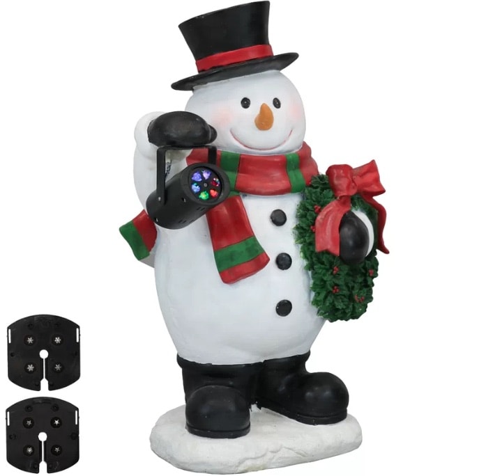 Festive Traveling Snowman Statue with Projector Light Figurine