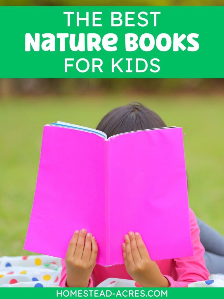 A child reading a book outside. The text overlay says The Best Nature Books For Kids.