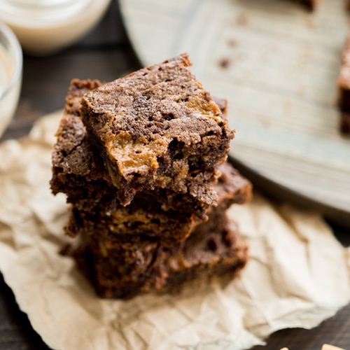 A stack of Baileys Irish cream and caramel brownies.