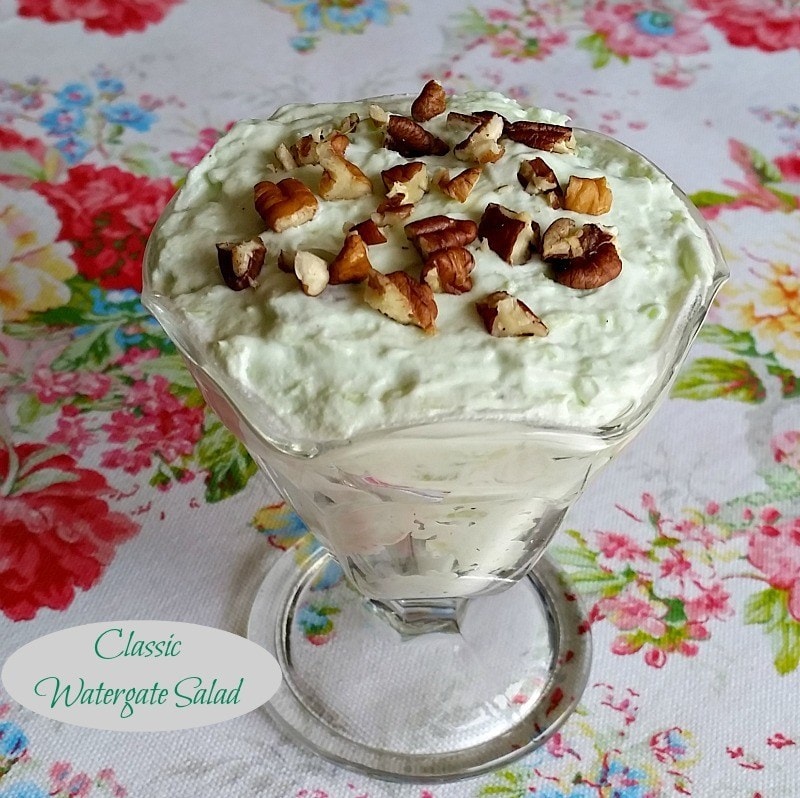 Classic watergate salad in a glass ice cream dish.