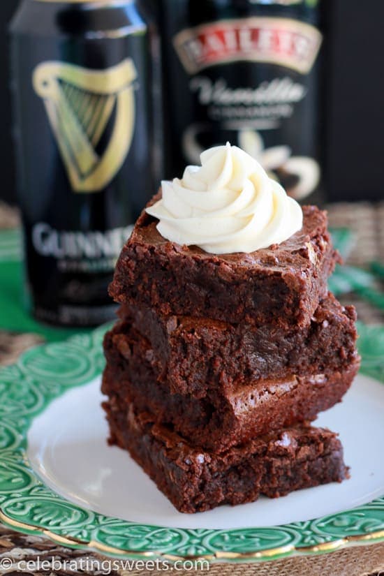 A stack of four Guinness brownies with an Irish cream frosting.