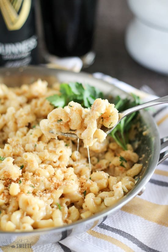 Irish macaroni and cheese in a steel saucepan.