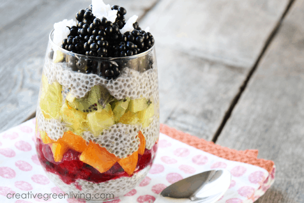 Chia pudding with fruit in a glass.