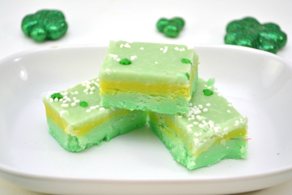 Green and yellow fudge with shamrock sprinkles.