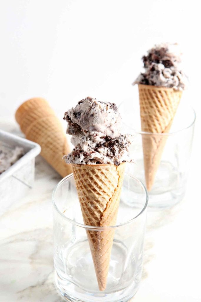Guinness speckled brownie ice cream in cones.