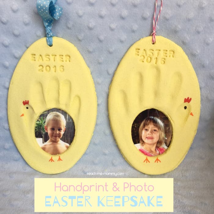Easter egg shapped handprint photo craft.