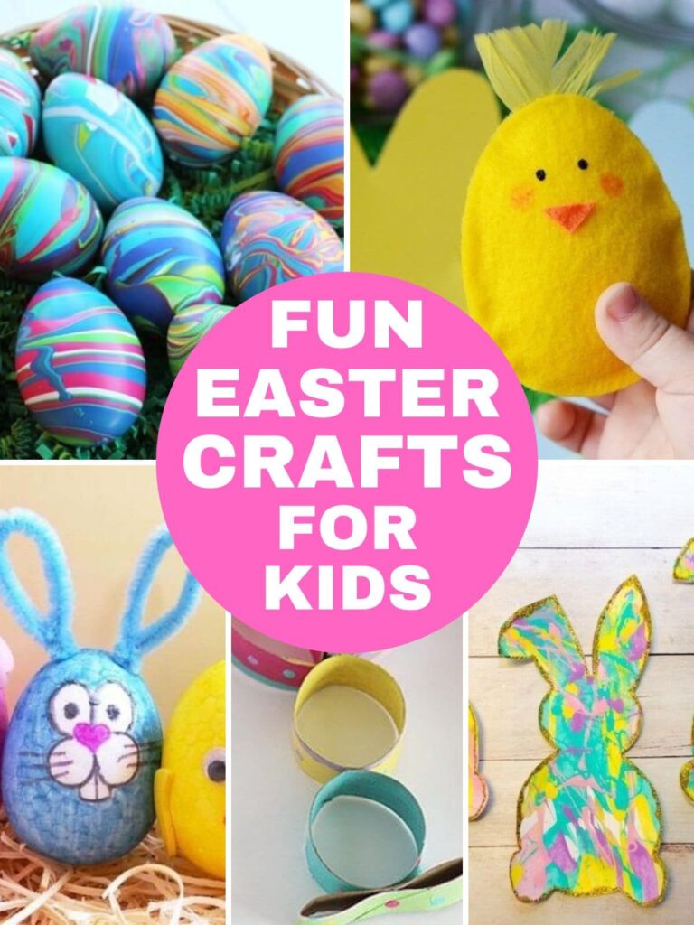 A collage of Easter eggs, bunnies, and chick crafts. The text overlay says Fun Easter Crafts For Kids.
