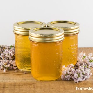 Three jars of homemade lilac jelly next to freshly picked flowers on a wooden table.