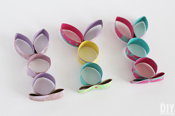 Easter bunnies made from toilet paper rolls.