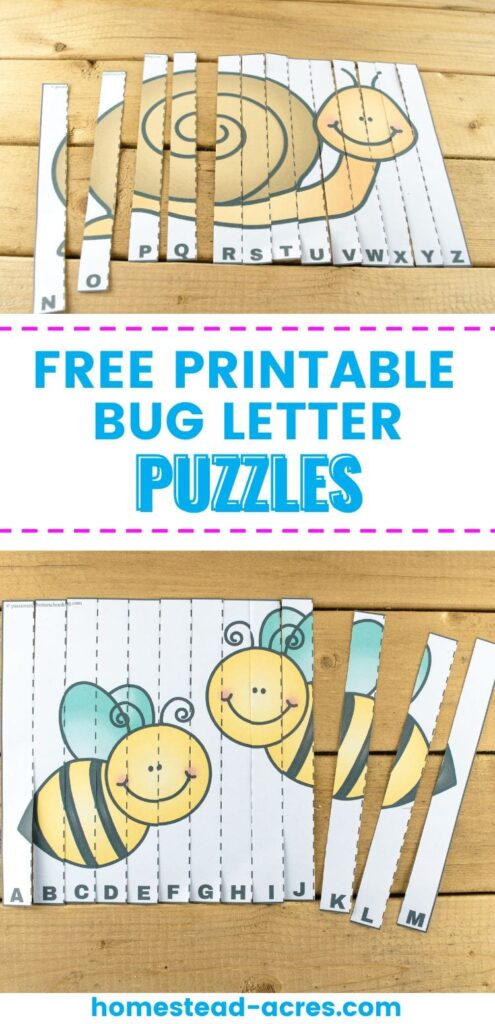 A collage of bees and a snail alphabet puzzles. The text overlay says Free Printable Bug Letter Puzzles.