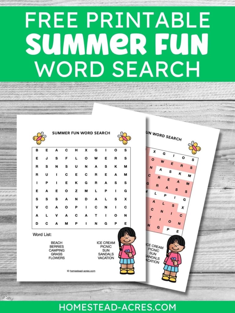 A word search and answer key laying on a wooden table background. The text overlay says Free Printable Summer Fun Word Search.
