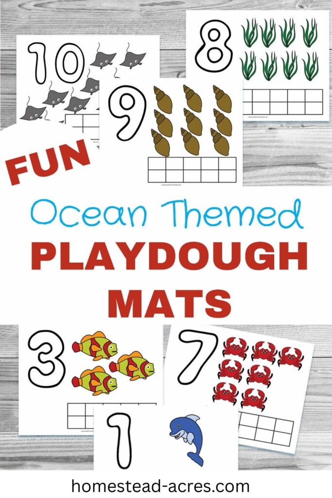 A collage of printable play dough mat sample pages. The text overlay says Fun Ocean Themed Playdough Mats.