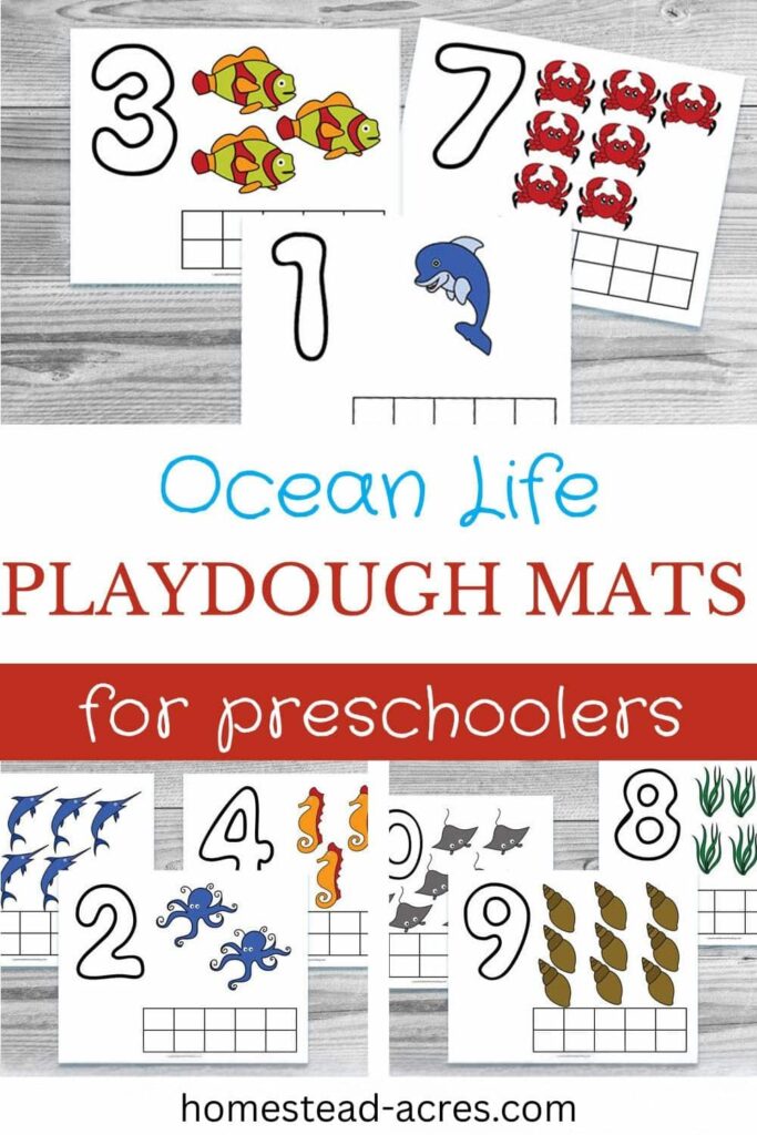 A collage of sample pages for printable play dough mats. The text overlay says Ocean Life Playdough Mats For Preschoolers.