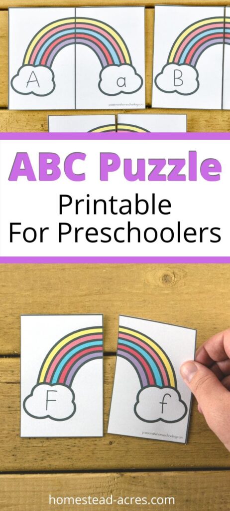 A collage of sample rainbow puzzle pages. The text overlay says ABC Puzzle Printable For Preschoolers.
