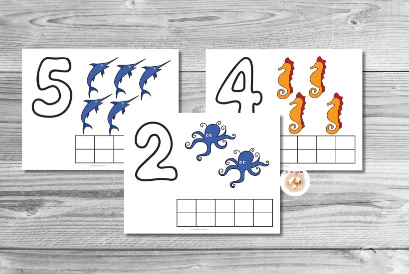 Sea life number playdough mat sample image, showing seahorse, octopus, and fish.