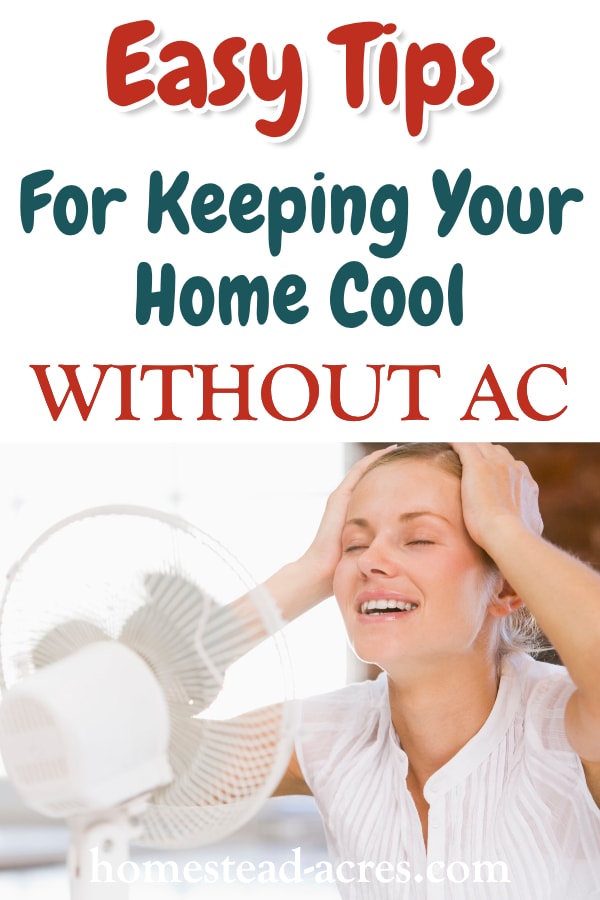 Easy Tips For Keeping Your Home Cool Without AC text overlaid on a photo of a woman cooling off in front of a fan.