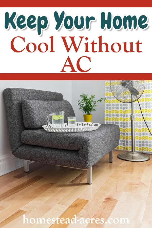 Keep Your Home Cool Without AC text overlaid on a photo of a fan blowing on a chair with a tray of drinks set on top.