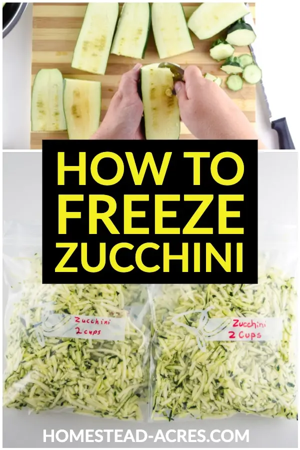 How To Freeze Zucchini text overlaid on a collage image of scooping out zucchini seeds and freezing shredded zucchini in bags.