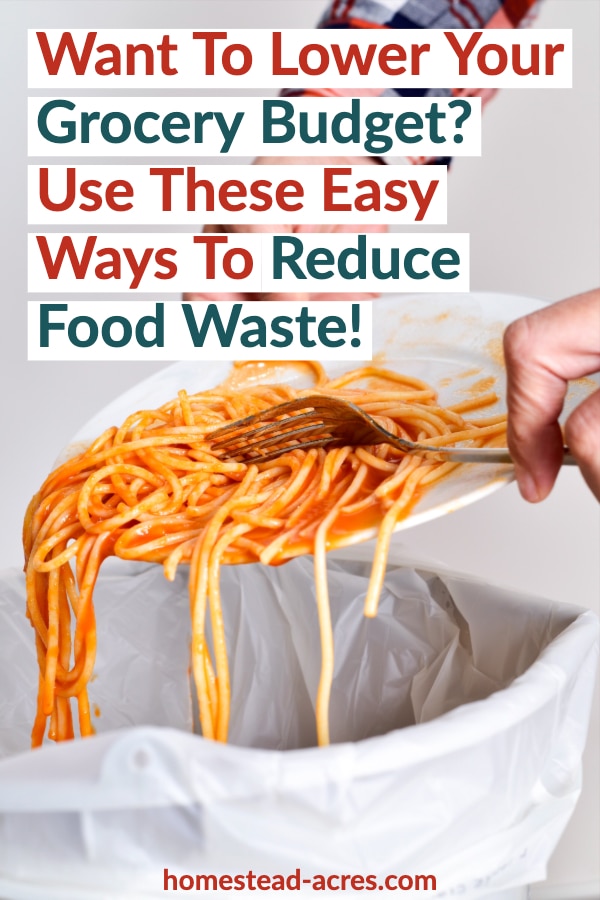Want To Lower Your Grocery Budget? Use These Easy Ways To Reduce Food Waste! text overlaid on a photo of a person scraping leftover pasta into the garbage.