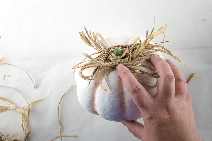 Glue a twine bow to the pumpkin stem.