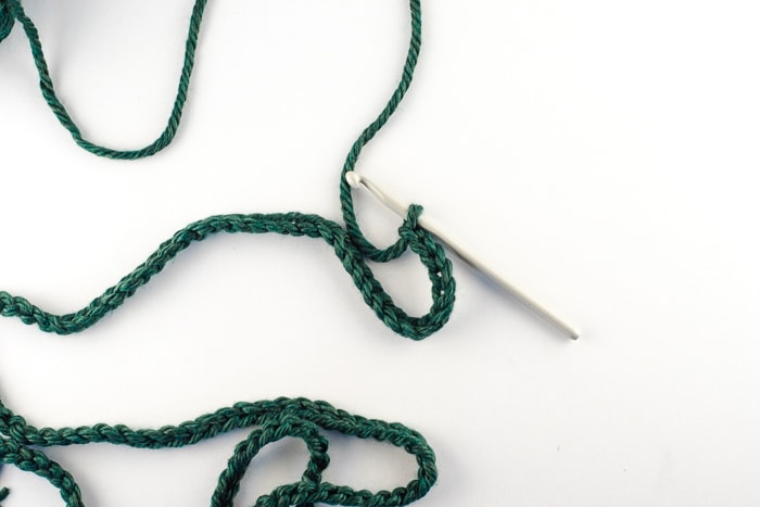 Starting chain for making a chunky crochet infinity scarf.