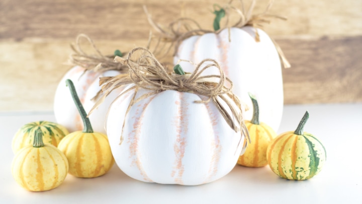 3 white farmhouse painted pumpkins with orange stripes and twine bows around the top sitting on a side table with mini yellow and green pumpkins around them.