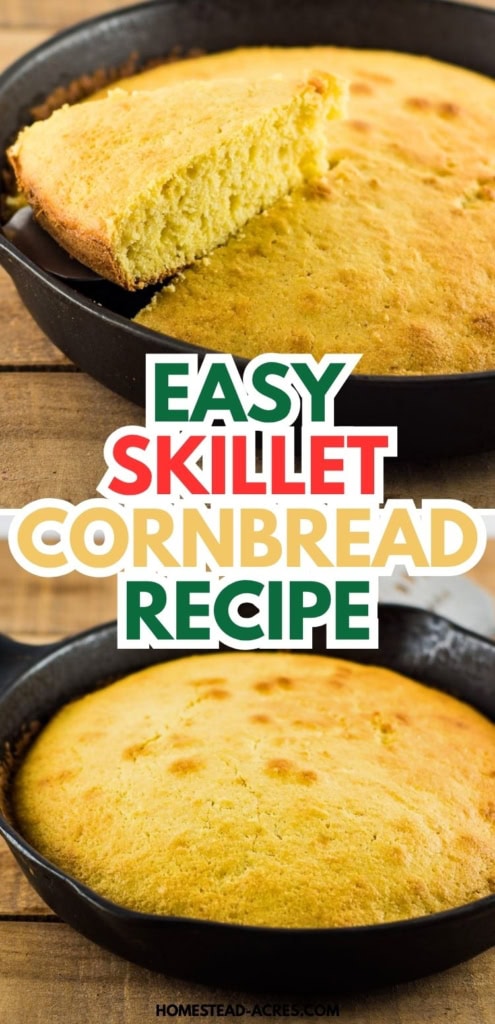 Golden skillet cornbread baked in a black cast iron pan with one thick slice lifted to show the soft interior. Title text reads "EASY SKILLET CORNBREAD RECIPE".