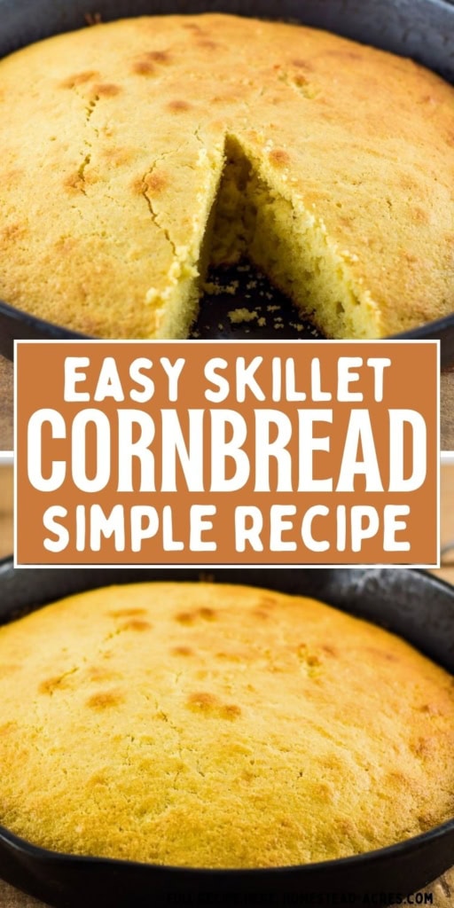 Golden skillet cornbread baked in a black cast iron pan with one wedge removed to show the soft crumb. Title text reads "EASY SKILLET CORNBREAD SIMPLE RECIPE".