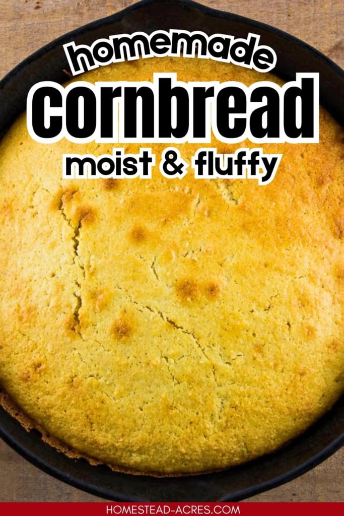 Golden skillet cornbread fills a black cast iron pan with a lightly cracked browned top. Title text reads "homemade cornbread moist and fluffy".