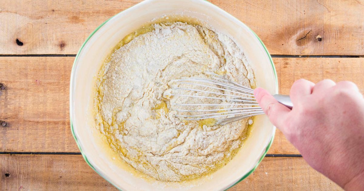Mix the wet and dry cornbread ingredients together until just combined.