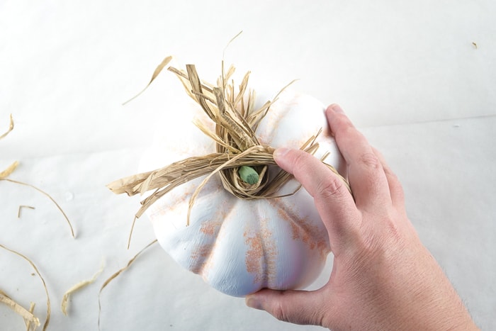 Wrapping raffia around the pumpkin stem.