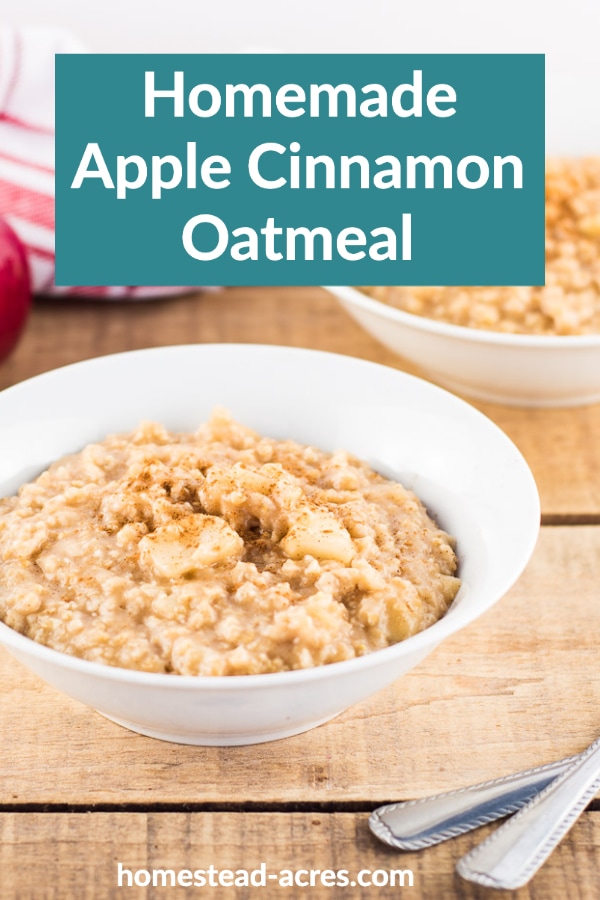 Homemade Apple Cinnamon Oatmeal text overlaid on 2 bowls of oatmeal on a wooden table.