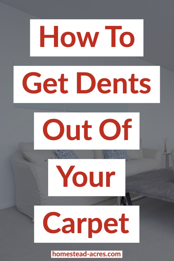 How To Get Dents Out Of Your Carpet text over laid on a white couch and carpet background.