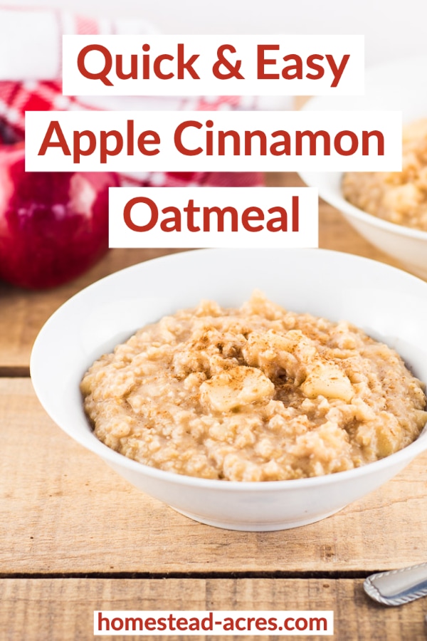 Quick and Easy Apple Cinnamon Oatmeal text overlaid on a photo of a white bowl of oatmeal with apples and cinnamon on top. In the background is another bowl of oatmeal, red apples and a red tea towel.