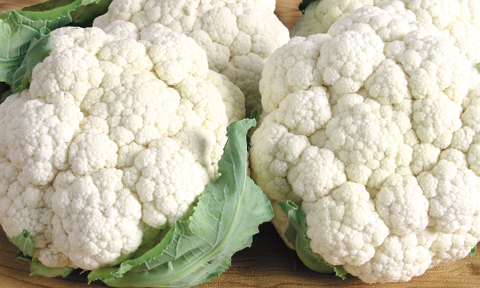 2 fresh picked cauliflower heads on a woden table.
