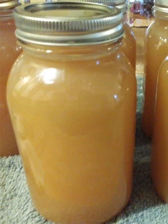 Canning jar of homemade turkey stock.