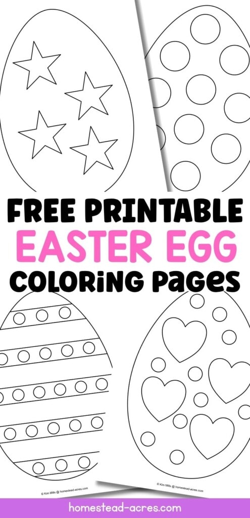 A collage of four Easter egg coloring sheets. The text overlay says Free Printable Easter Egg Coloring Pages.