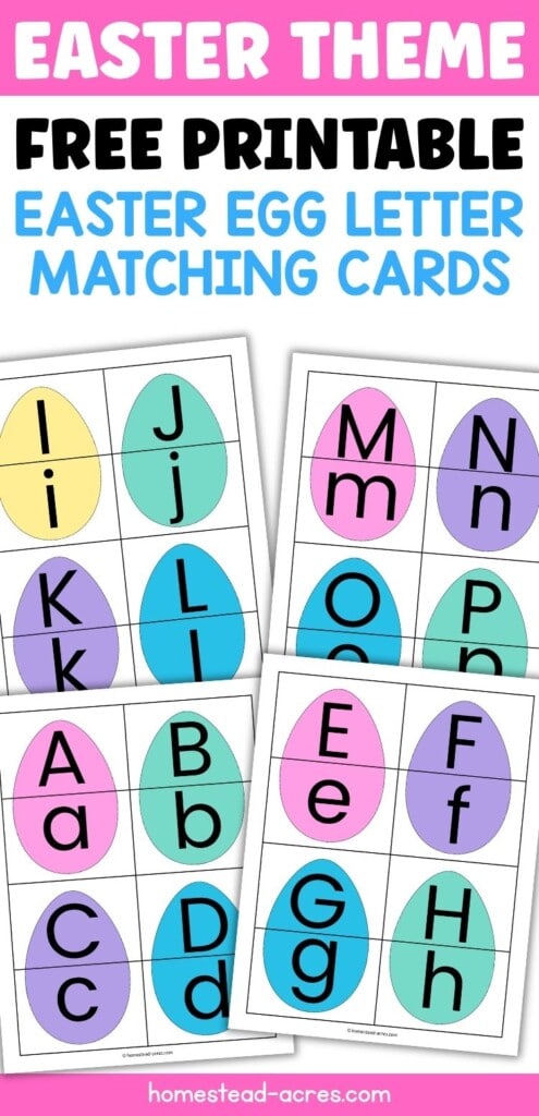 A collage of sample pages of Easter upper and lowercase matching cards. The text overlay says Easter Theme Free Printable Easter Egg Letter Matching Cards.