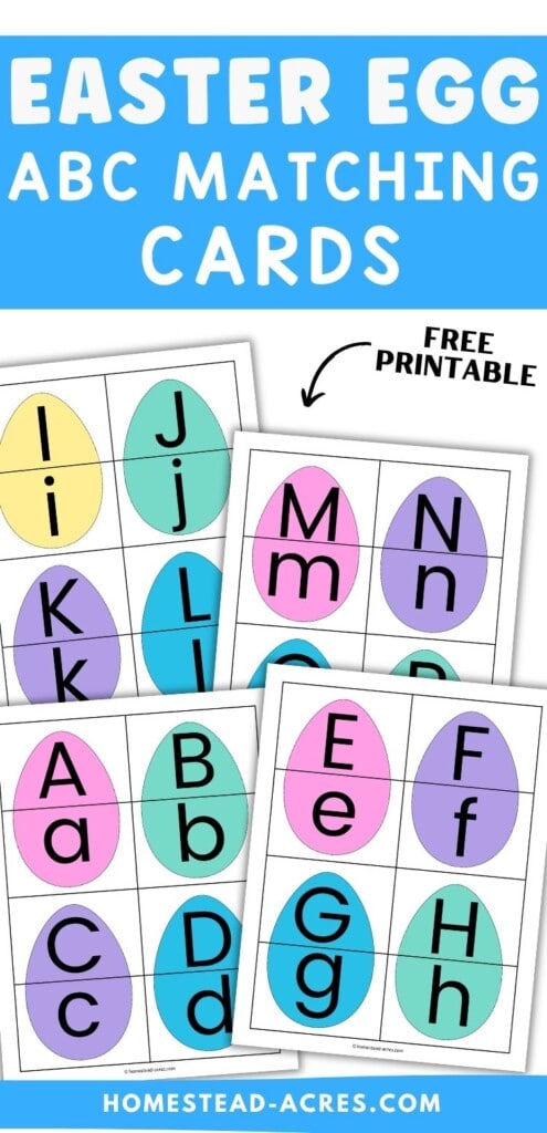 A collage of Easter egg letter matching cards. The text overlay says Easter Egg ABC Matching Cards Free Printable.