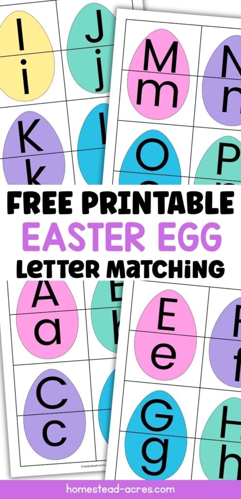A collage of four sample upper and lowercase letter matching puzzle sheets. The text overlay says Free Printable Easter Egg Letter Matching.