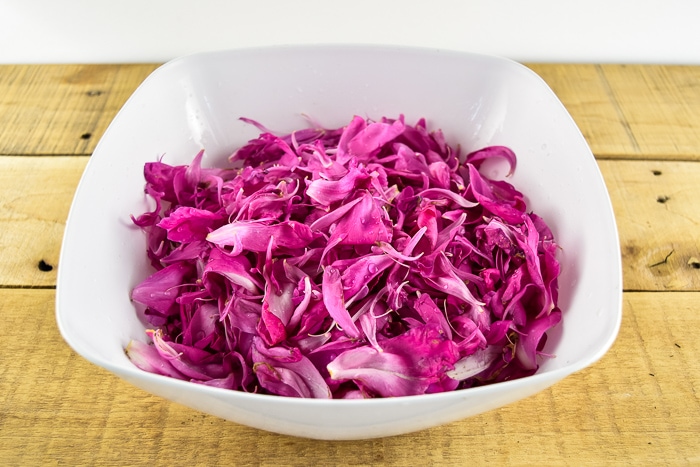 Pink peony flower petals in a bowl.