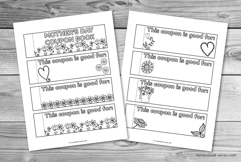 2 pages of Mother's Day coupon printed on a wooden background.
