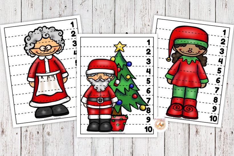 Santa, Mrs. Claus, and elf printable number puzzles on a wooden background.