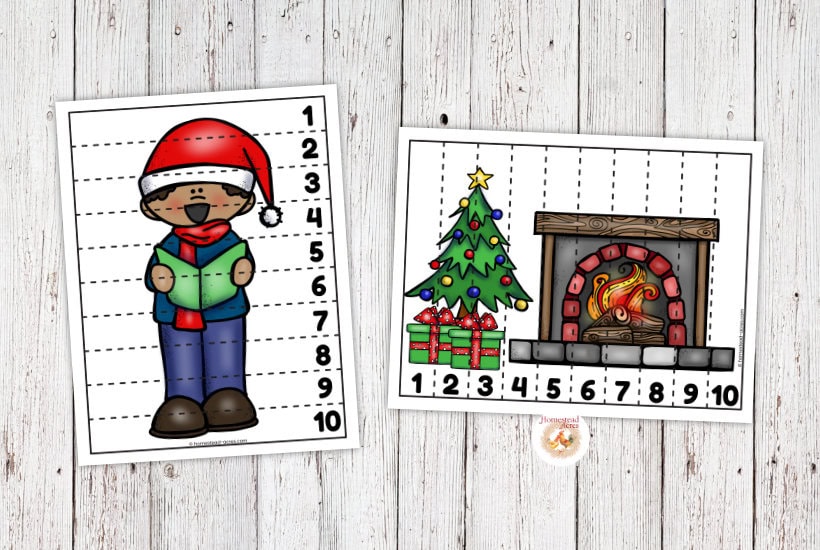 Boy and fireplace Christmas counting puzzles on a wooden background.