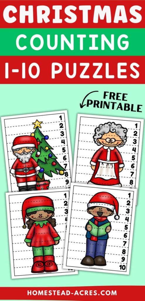 Sample Christmas puzzle images including Santa, Mrs Claus,Elf, and a boy. The text overlay says Christmas Counting 1-10 Puzzles Free Printable.