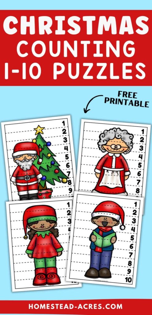Sample images of printable Christmas number puzzles. The text overlay says Christmas Counting 1-10 Puzzles Free Printable.