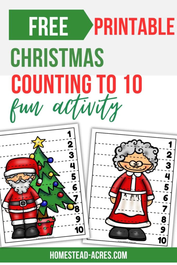 Sample images of a Santa and Mrs Clause puzzle. The text overlay says Free Printable Christmas Counting To 10 Fun Activity.
